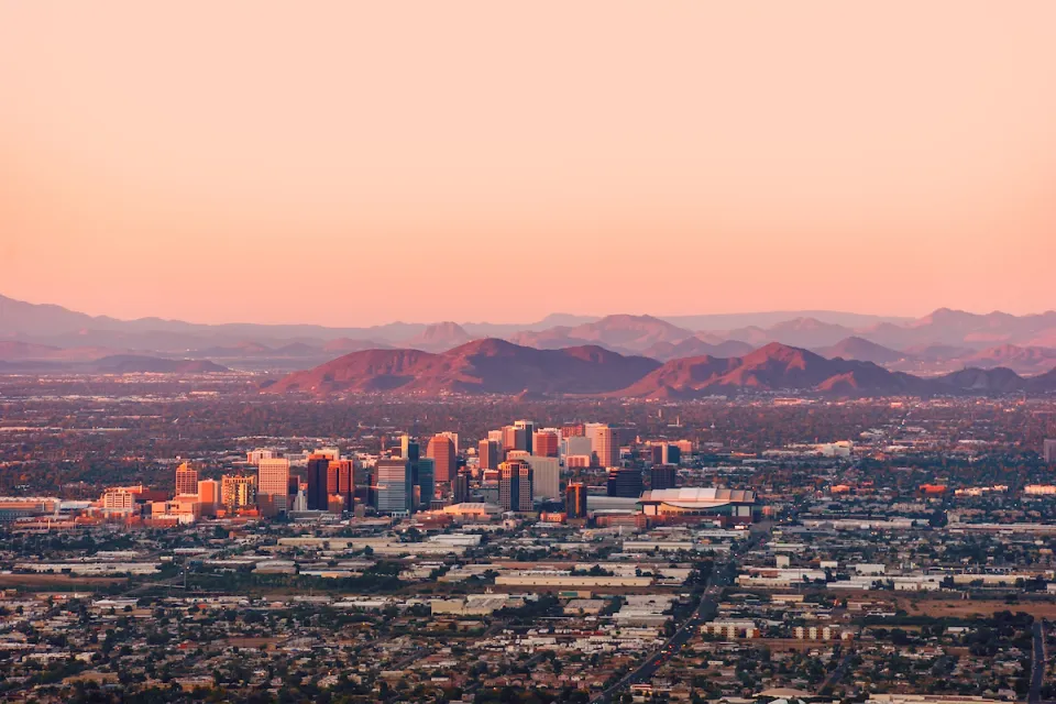 Sunset view of downtown Phoenix, Arizona.